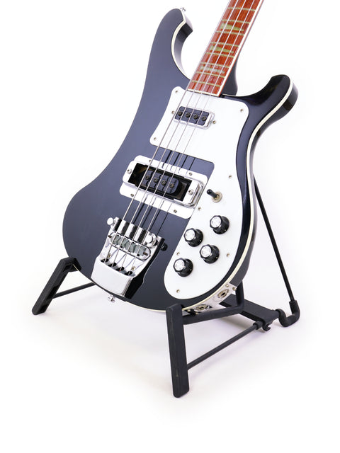 Rickenbacker 4003 Jetglo bass guitar in black, positioned on a stand with a plain white background.