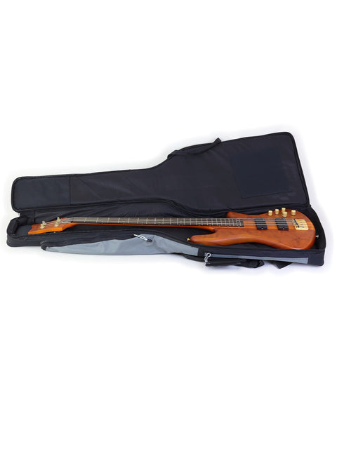 Schecter Stiletto Studio 4 bass guitar resting in a case, presented on a white background, emphasizing its modern aesthetic.