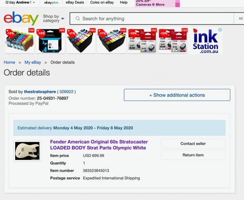 Screenshot of eBay showing a Fender '60s Strat Partscaster in Olympic White, featuring USA Custom Shop parts from 2020.
