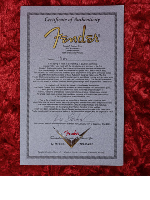 Signed Fender Custom Shop 1954 Strat guitar, a 50th anniversary model by Yuriy Shishkov, showcasing masterful craftsmanship from 2004.
