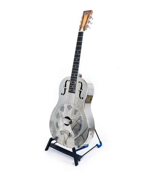 Silver National Resophonic Style N Resonator guitar displayed on a stand with a clean white backdrop.