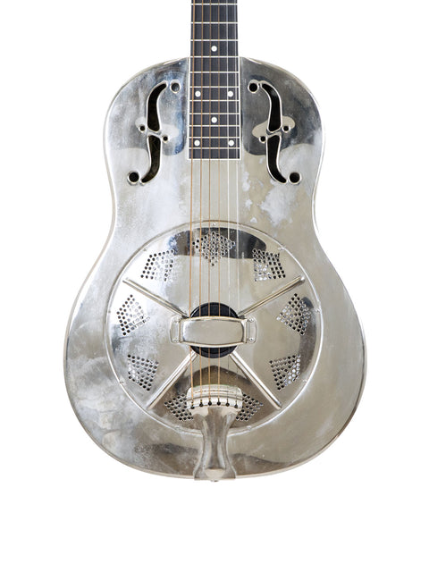 Silver guitar with a black pick guard, National Resophonic Style N Resonator, USA, 2001 model.