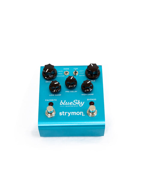 Strymon Blue Sky Reverb Pedal, USA 2021, showcasing its sleek design and controls for enhanced sound effects.