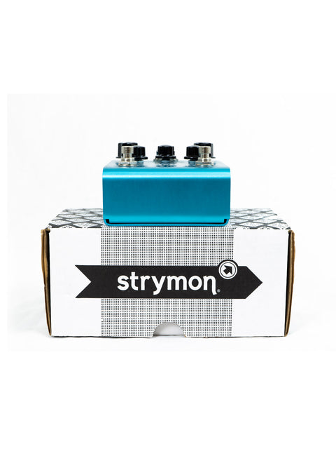 Strymon Blue Sky Reverb Pedal in focus, emphasizing its stylish look and functionality, made in the USA, 2021.
