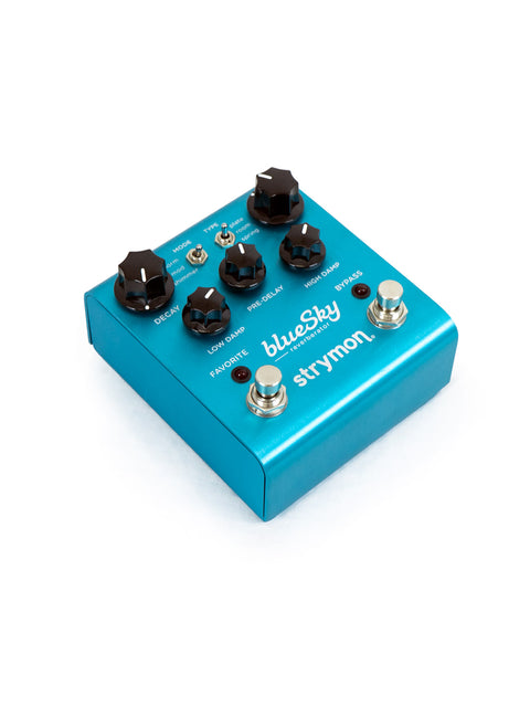 Strymon Blue Sky Reverb pedal, a blue box with four knobs, designed for enhancing sound effects.
