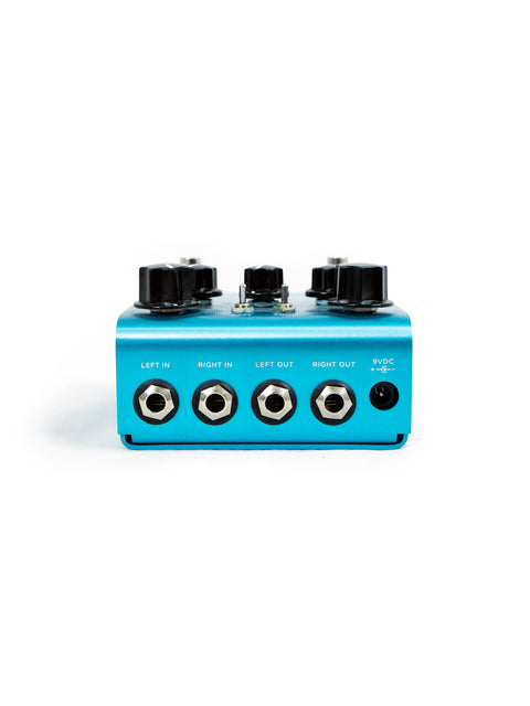 Strymon Blue Sky Reverb pedal in blue, featuring four adjustable knobs for versatile sound control, made in the USA, 2021.