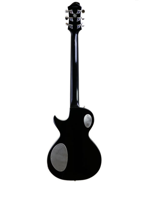 Stunning black electric guitar featuring a classic white pickguard, ideal for serious players and collectors alike.