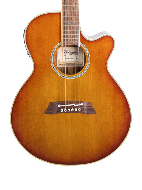 Takamine TSP138C TB Thinline acoustic guitar displayed against a white background, highlighting its elegant design from 2020.