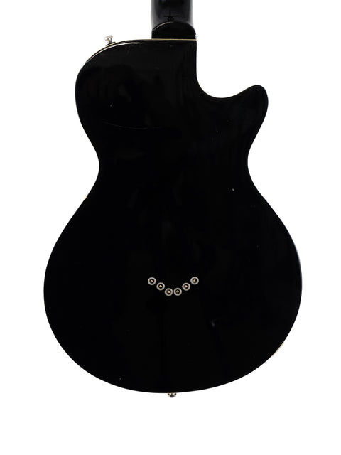 The 2014 Duesenberg 49er Solid Body guitar in black, complemented by a white pickguard, merging elegance with musicality.