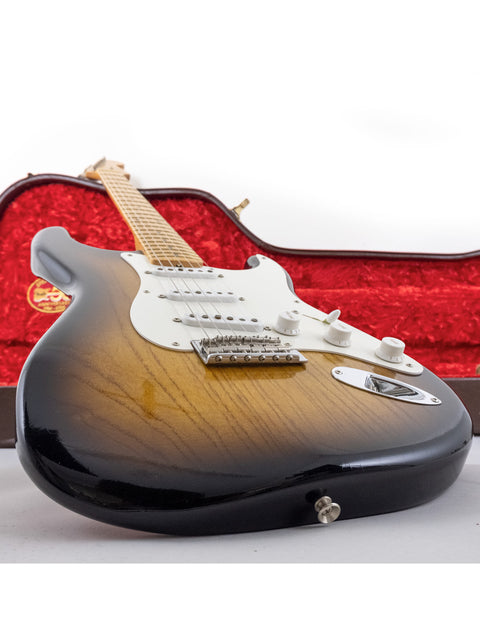 The 50th Anniversary Fender Custom Shop Stratocaster, expertly crafted by Yuriy Shishkov, features a pristine NOS finish.