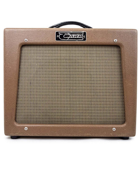 The Carr Rambler Combo Amp in brown, a 2008 model, highlights its vintage style and Fender guitar amplifier aesthetics.