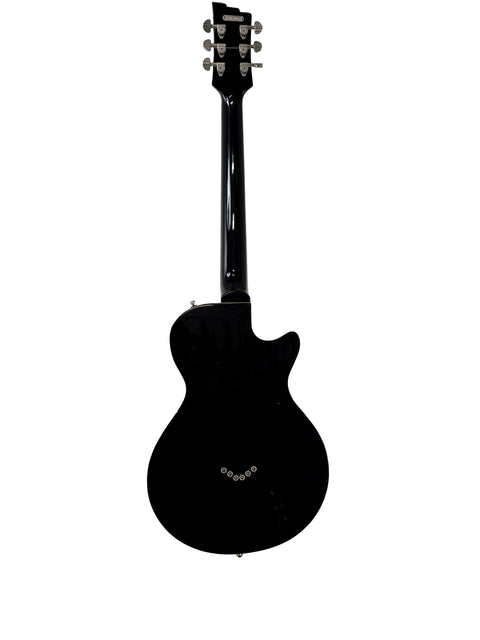 The Duesenberg 49er Solid Body guitar, in striking black, is prominently displayed on a bright white background, highlighting its features.