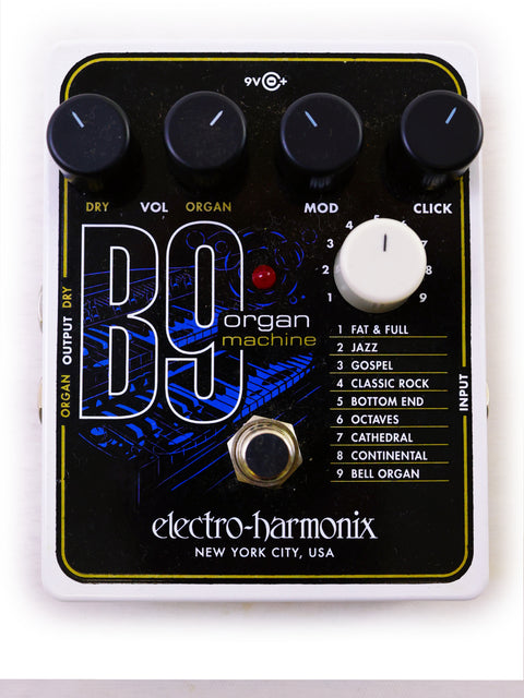 The Electro-Harmonix B9 organ pedal showcases a modern design with various controls, perfect for enhancing guitar sounds.