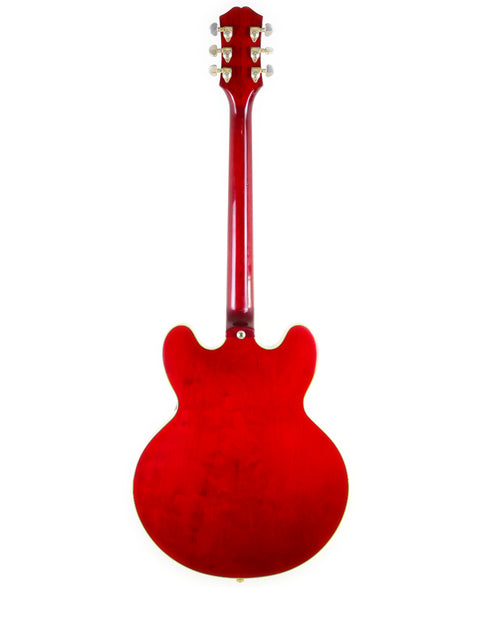 The Epiphone 50th Anniversary 1962 Sheraton E212T Reissue features a vibrant red guitar with a sleek white body and neck.