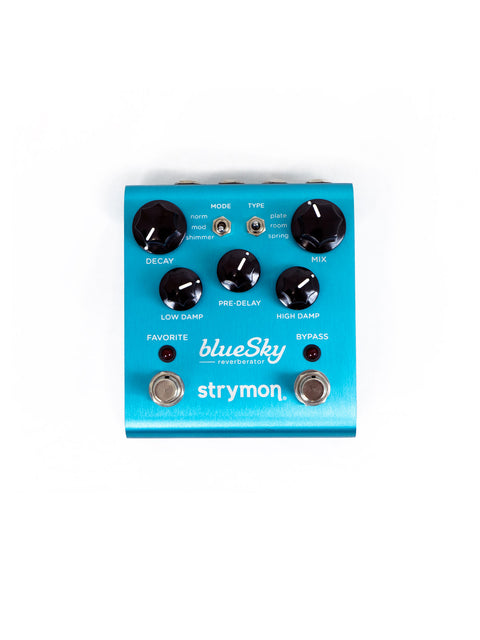The Strymon Blue Sky Reverb Pedal displayed against a white background, highlighting its unique blue finish and features.