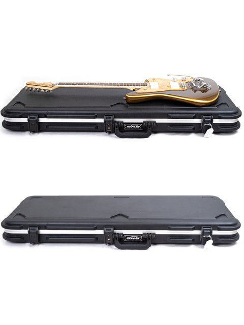 The Zachary & Mercer Mastermind “Deluxe” Offset shines with a gold guitar on a black case, perfect for any music lover.