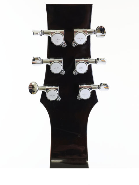 The headstock of a guitar with five strings, identified as Gilet WB (Weissenborn Style) made in Australia, 2014.
