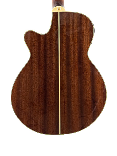 The wooden back of a Takamine TSP138C TB Thinline Acoustic Electric guitar, highlighting its craftsmanship and design.