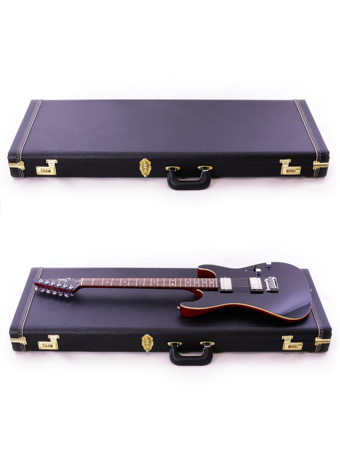 Two black guitar cases with striking red necks, highlighting the Suhr Pete Thorn Signature, USA 2021 model.