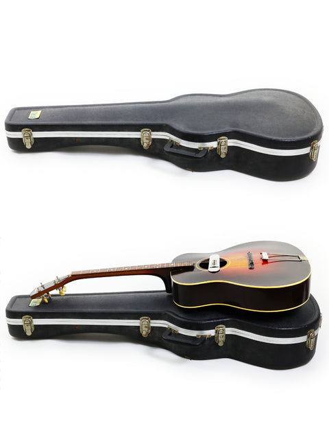 Two classic guitars, including a 1934 Gibson TG50 Tenor, nestled in a case on a pristine white background. Ideal for music lovers.