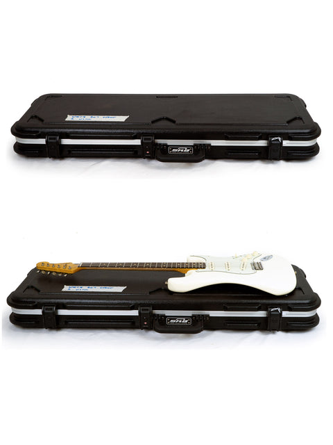 Two electric guitar cases on a white surface, highlighting a 2020 Fender '60s Strat Partscaster in Olympic White.