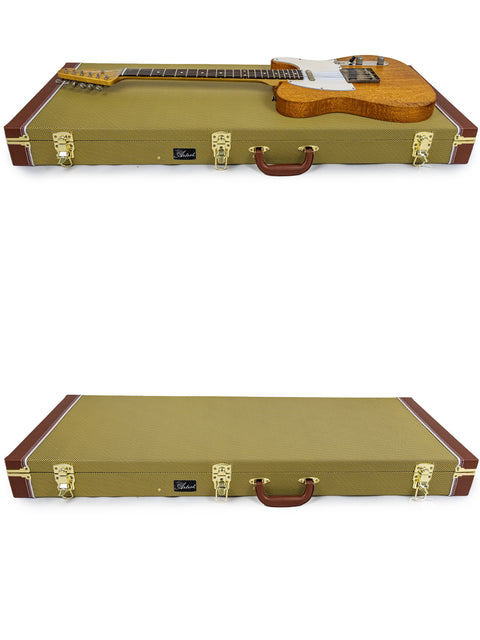 Two electric guitar cases with wooden handles, featuring the Silky Oak Txxx Style Partscaster from Australia, 2021.