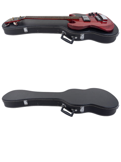 Two guitar cases, red and black, positioned with an Ibanez 2403B Lawsuit Bass, EB-3 style, from Japan, 1976.