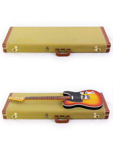 Two guitars, featuring a 1998 Fender Custom Shop 50s Telecaster, placed in a case on a white backdrop.