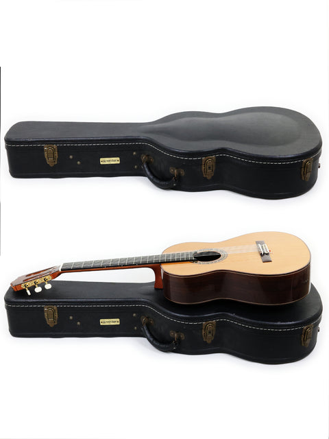 Two guitars in a case on a white background, featuring a Ramirez 4NE from Spain, made in 2012.