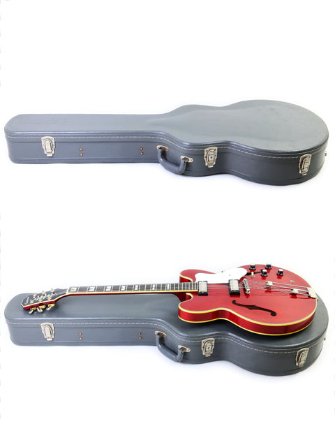 Two guitars in unique cases, showcasing the Epiphone 50th Anniversary 1962 Sheraton E212T Reissue from 2012.