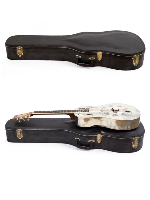 Two guitars, including a 2001 National Resophonic Style N Resonator, are displayed in a case against a white background.