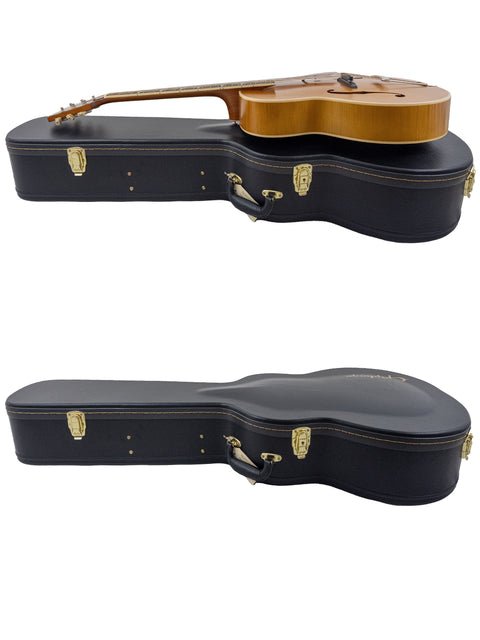 Two guitars, including an Epiphone Masterbilt De Luxe, inside a case, with an extra case on top for protection.