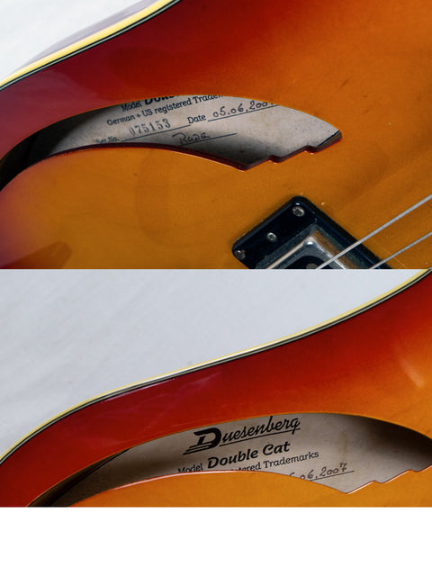 Two images of a Duesenberg Double Cat 6 String guitar with a label, emphasizing its German design from 2007.
