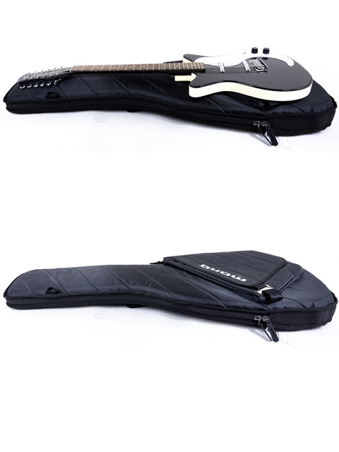 Two views of a Danelectro DC59 12 String guitar case, showcasing its sleek design and protective features.