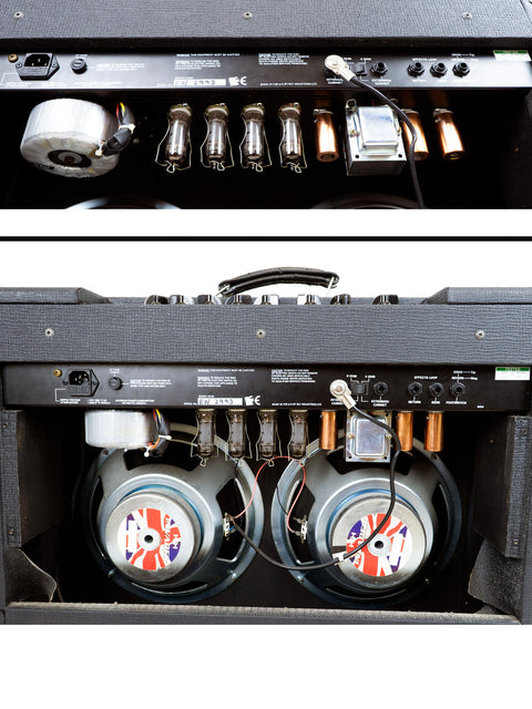 Two views of a Laney VC 30-212 Class A guitar amplifier featuring distinct speaker setups from the UK, 2000.