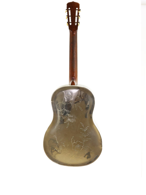 Vintage 1931 National Tricone Style 2 Roundneck guitar featuring a bird on its back, displayed on a white backdrop.