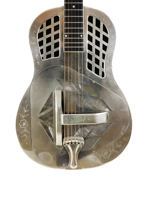 Vintage 1931 National Tricone Style 2 Roundneck guitar with a shiny silver metal body and a classic wooden bridge.