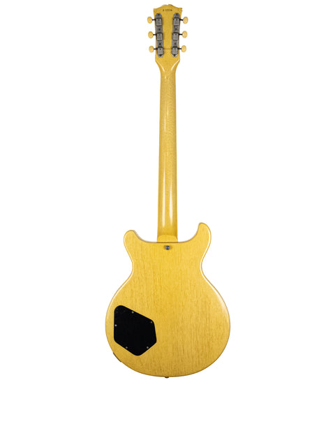Vintage 1958 Gibson Les Paul Special guitar in yellow, featuring a black pickguard and a distinctive double cut shape.