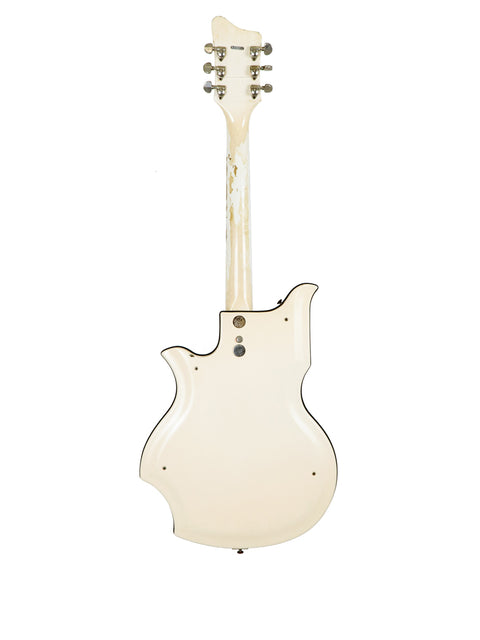 Vintage 1962 National Valco Glenwood Model 99 guitar, white with a sleek black pickguard.