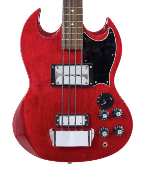 Vintage 1976 Ibanez 2403B electric bass guitar in red, featuring a sleek black pick guard for a classic look.