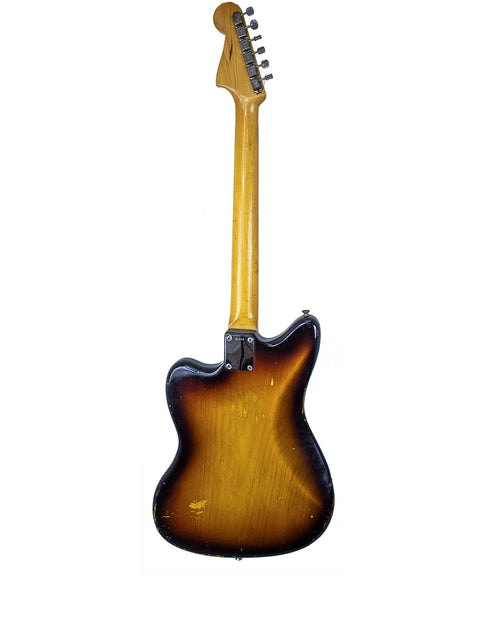 Vintage Fender Jazzmaster guitar with a sunburst finish, showcasing its classic design and rich color tones.