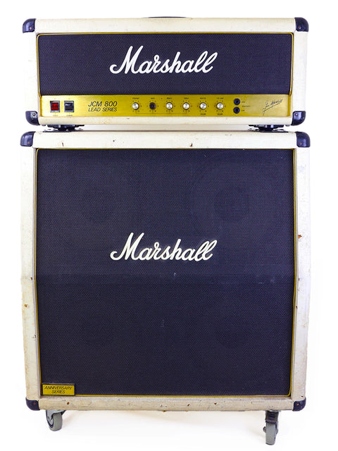 Vintage Marshall JCM800 2204 tube head with 4x12 cabinet, featuring the classic Marshall branding from 1984.