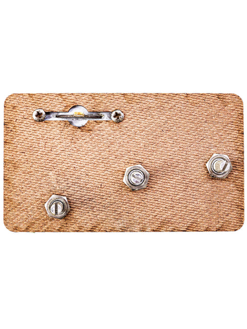 Vintage leather tag in brown with three metal nuts, highlighting the Fender Stratocaster from 1968.