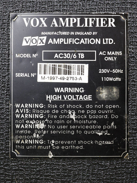 Vox ACW-2A amp, part of the 1997 Vox AC30 6TB Combo series, featuring a retro design and rich sound quality.