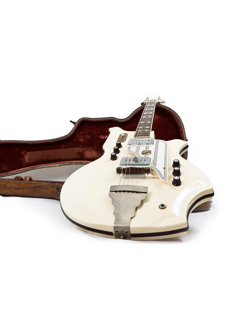 White National Valco Glenwood Model 99 guitar with a case, displayed on a pristine white background.