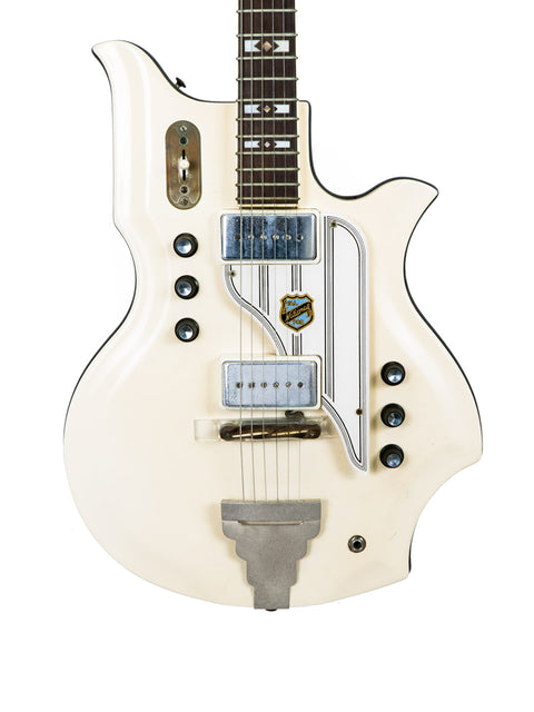 White electric guitar with a black pickguard, National Valco Glenwood Model 99, made in the USA, 1962.