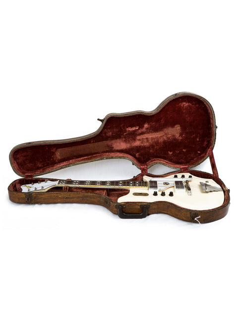 White guitar case with red interior, showcasing the National Valco Glenwood Model 99, made in the USA in 1962.