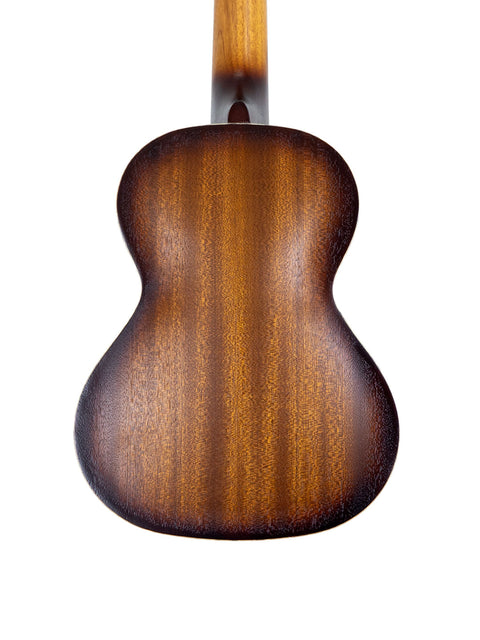 Wooden back of a 2019 Kala KA-RES-BRS Tenor Resonator Ukulele, highlighting its acoustic features.