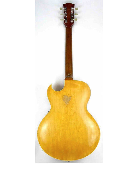 Yellow vintage 1953 Gibson ES 175 DN guitar with a heart-shaped headstock, highlighting its unique design.