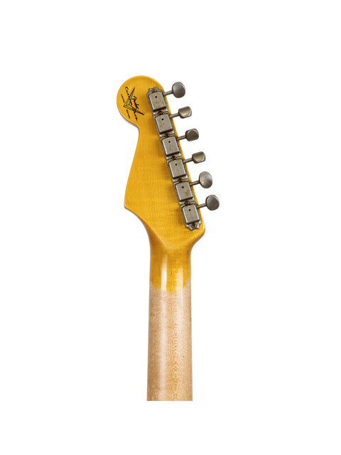 Zoomed-in shot of a guitar headstock with a yellow neck, representing a Fender '60s Strat Partscaster in Olympic White.